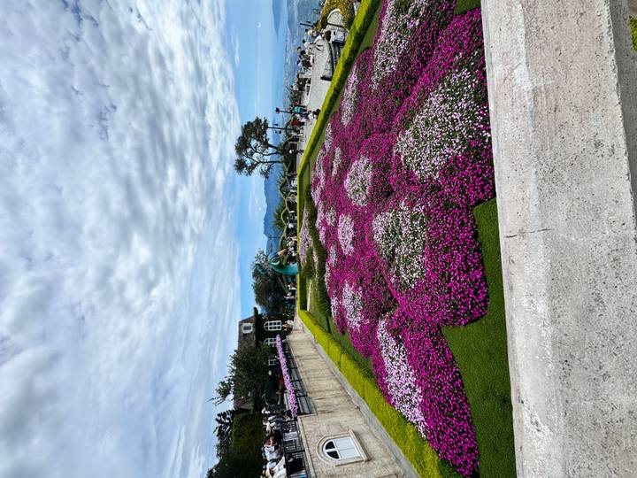 Large patterned flower beds on terrace with scenic mountain backdrop at Ba Na Hills.