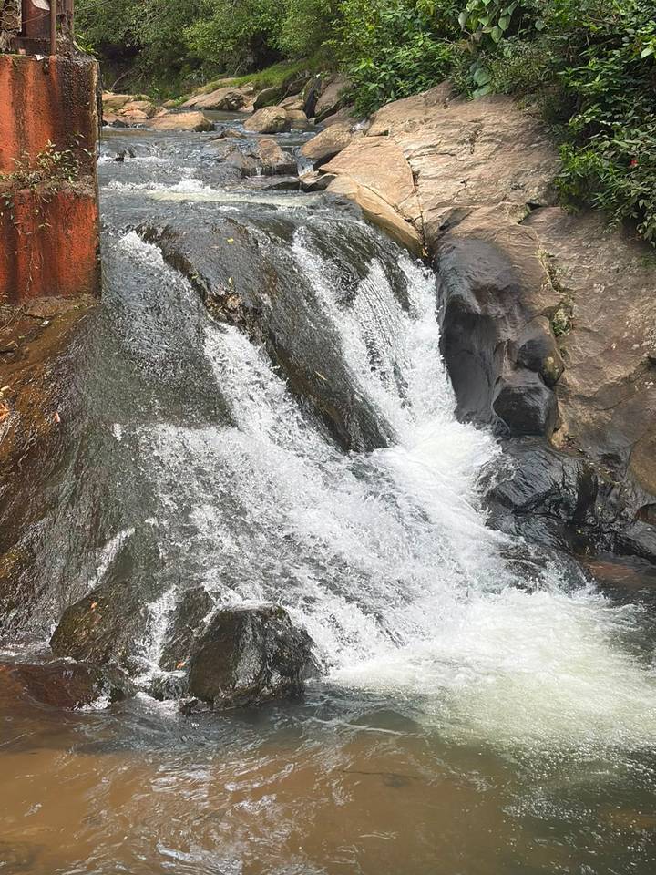 Small rocky waterfall flowing between dark stones in a forested setting.