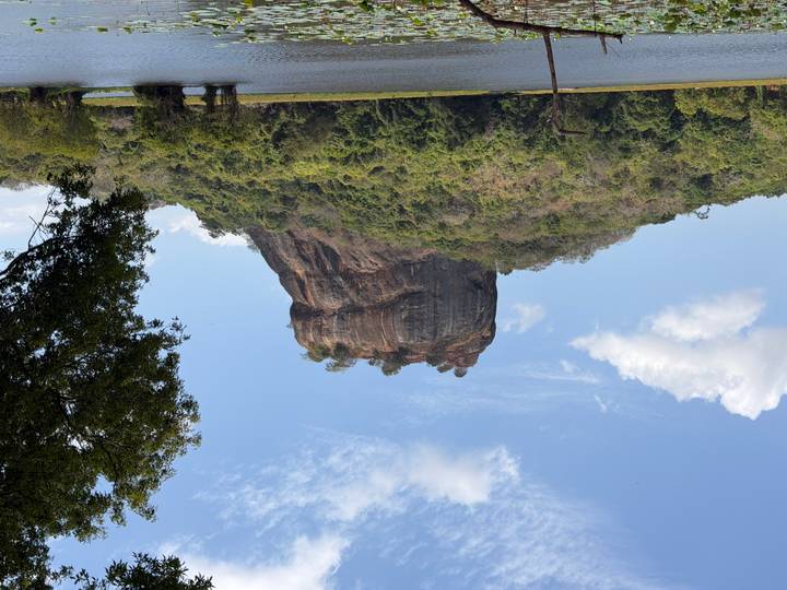 Iconic Sigiriya Rock rises above lush green forest under a bright blue sky with scattered clouds.