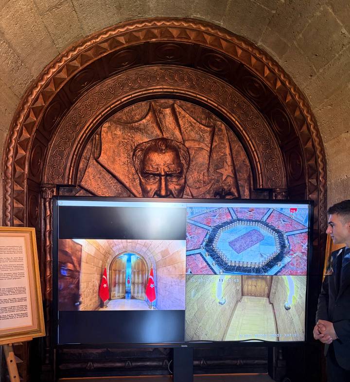 Museum display screen beneath an embossed portrait of Atatürk inside Anıtkabir.