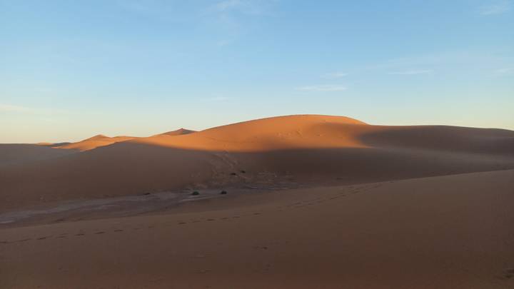 Golden sand dunes softly lit by the setting sun in a vast desert landscape.