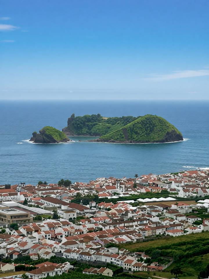 Small volcanic islet covered in greenery just off the coast, viewed above red-tiled rooftops.