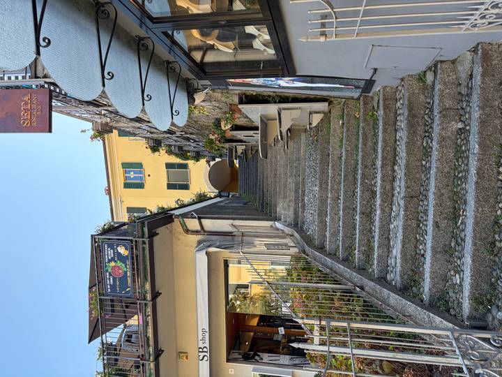 Stone staircase lined with railings and small restaurants leading up between colorful Italian buildings under a clear blue sky.