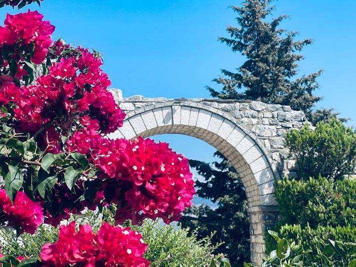 Stone arch framed by vibrant magenta bougainvillea flowers against a clear sky.