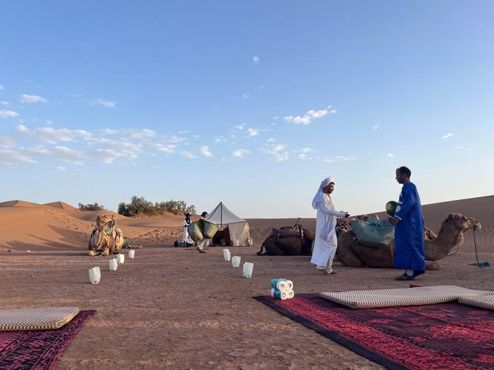 Berber guides lead camels beside rugs and lanterns at a desert camp in soft morning light.