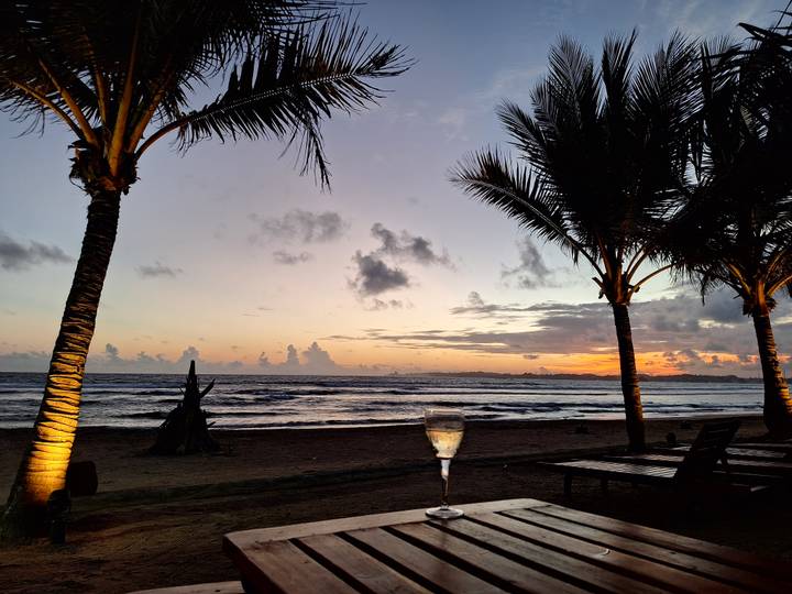 Sunset view of a tranquil beach framed by palm trees with gentle waves and a wine glass in the foreground.