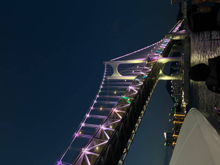 Night view of Busan’s Gwangan Bridge illuminated with colourful lights above the harbour.
