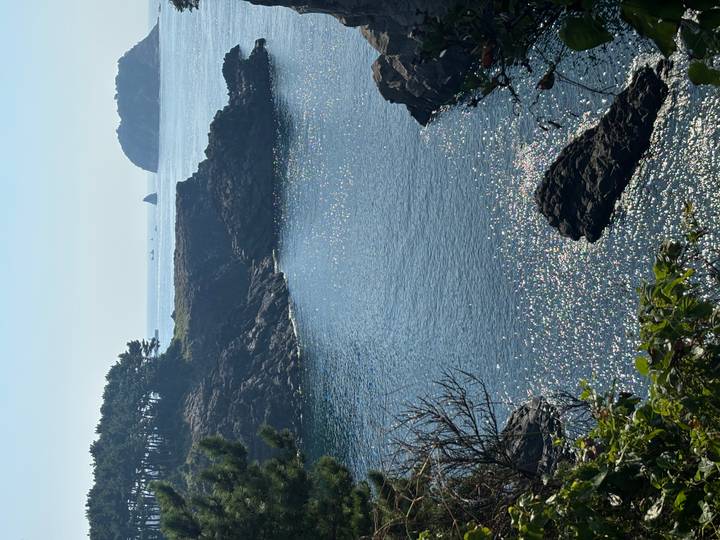Glittering sunlight sparkles on a sheltered coastal inlet bordered by rocky shores and distant boats.