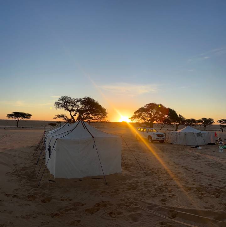Desert camp with canvas tents and a 4x4 vehicle at sunset with acacia silhouettes on the horizon.