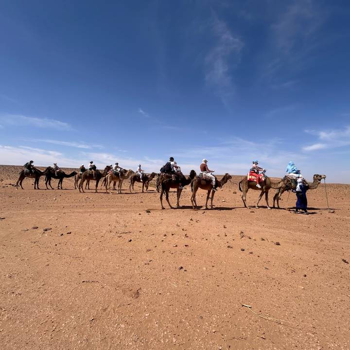 A line of travellers riding camels across a flat, rocky desert under a vast blue sky.