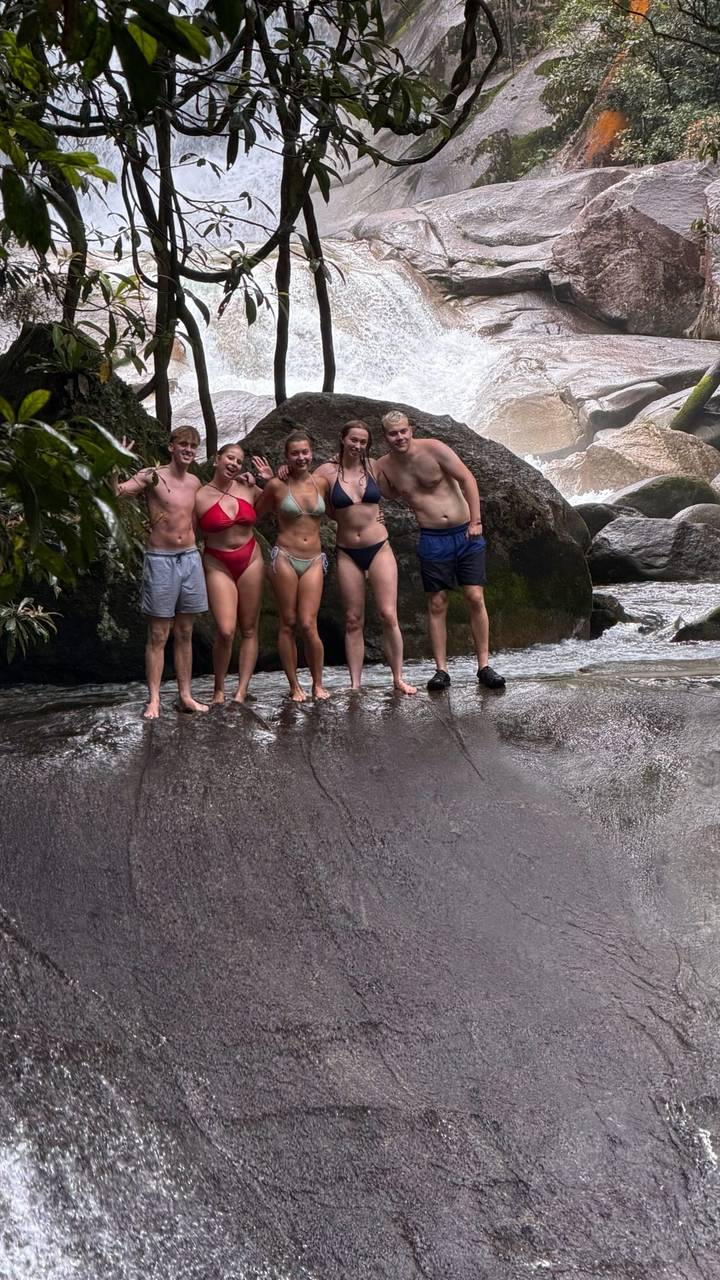 Travellers in swimwear stand on wet rocks beside a rushing freshwater stream in a rainforest gorge.