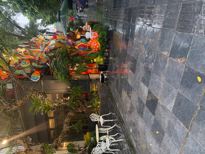 Decorative outdoor corner with colourful mushroom statues and plants reflected on wet pavement after rain.