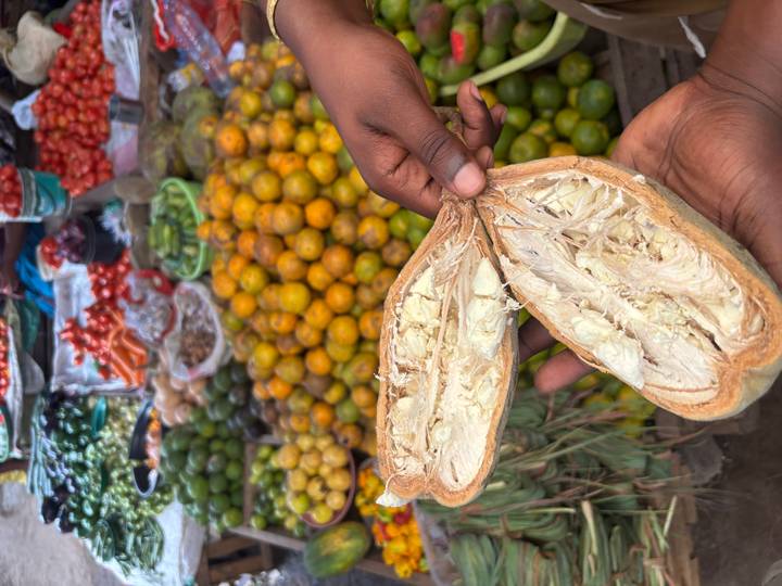 Hands display an opened baobab fruit in front of a vibrant stall piled with citrus, tomatoes and other produce.