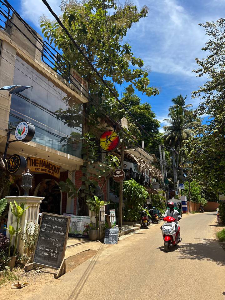 Leafy street scene with cafés, hanging signs and tangled overhead wires beneath a bright tropical sky.