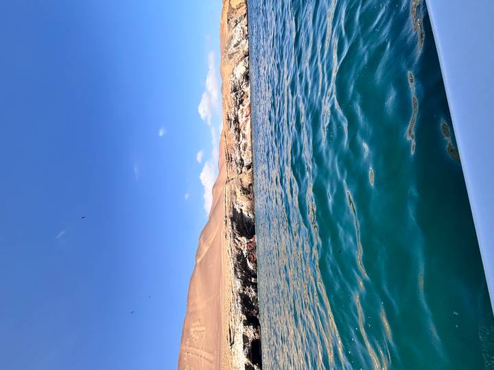 Deep blue Pacific waters with arid coastal cliffs and desert hills in the background under clear skies.