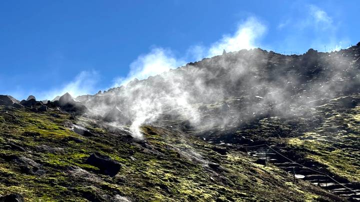 Steam vents rising from moss-covered geothermal hillside under clear blue sky.