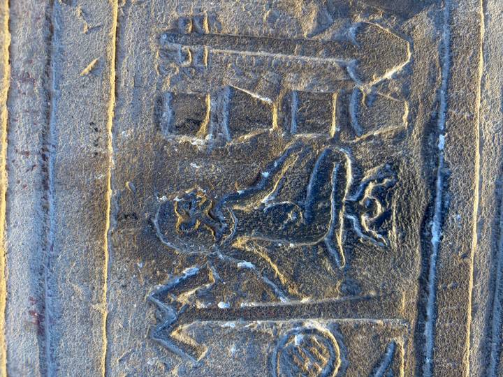 Close-up of a single figure carved into dark temple stone showing mythological scene.