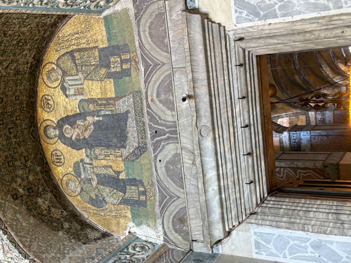 Byzantine mosaic of Virgin Mary and saints over doorway inside Hagia Sophia