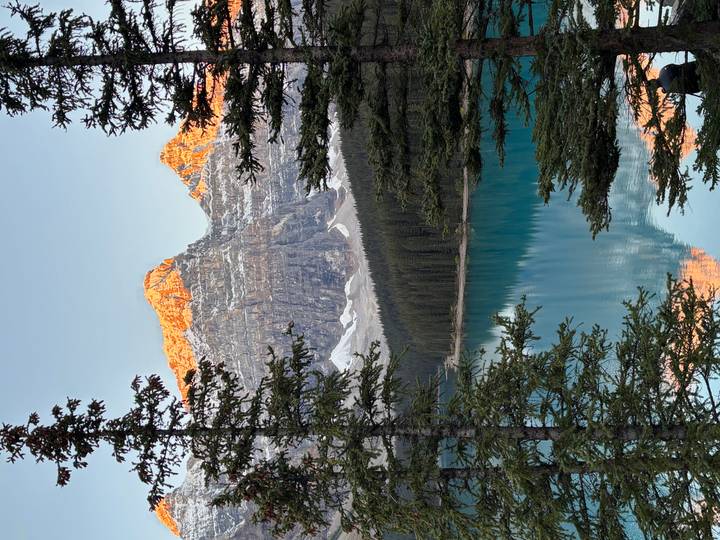 Sun-kissed mountain peaks reflecting on the turquoise lake through silhouetted trees at sunrise