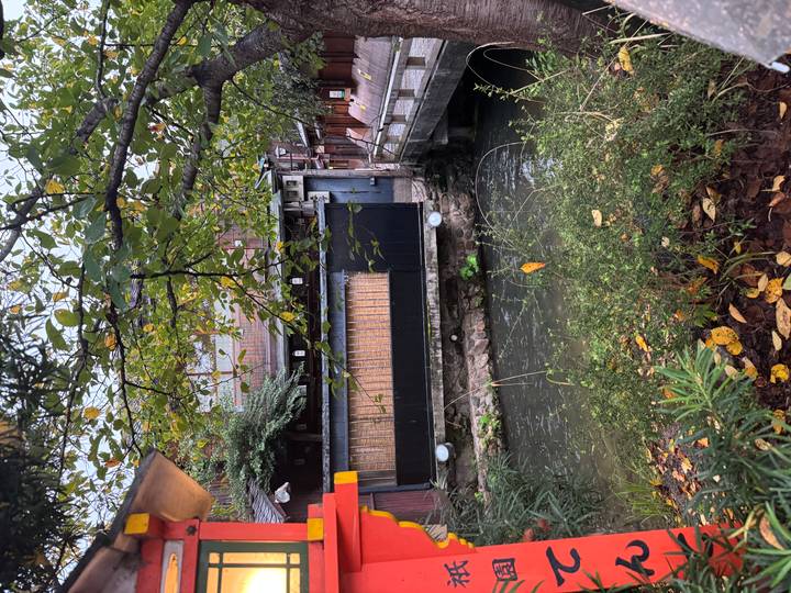 Leafy canal scene with rustic wooden buildings partially hidden behind branches in Kyoto’s historic district.