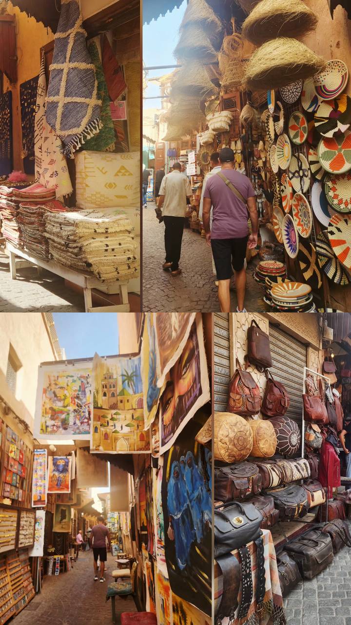 Four-image collage showing carpets, shoppers, leather goods and colourful market scenes in Morocco.