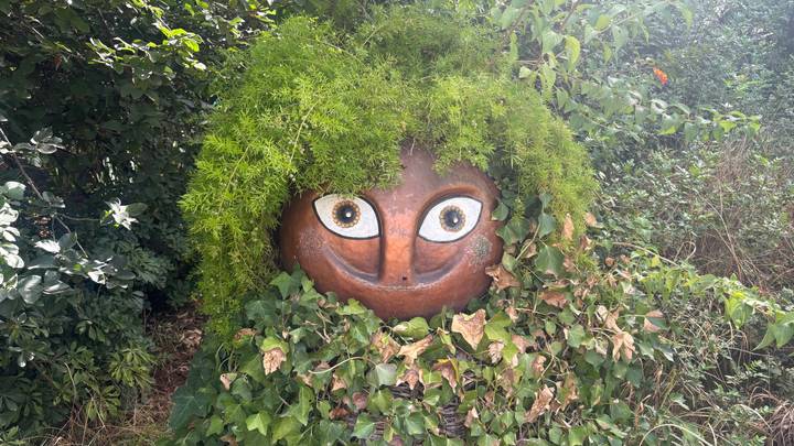 Whimsical garden sculpture of a round face pot partially hidden under lush green foliage.