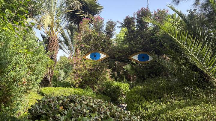 Lush garden scene with large blue and gold eye artworks peering through tropical greenery.