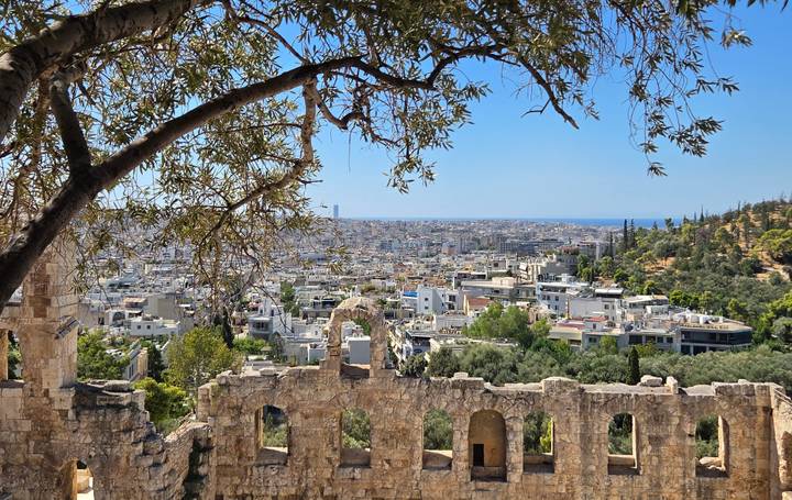 Framed by olive branches, Athens’ sprawling urban landscape meets the blue horizon beyond ancient stone ruins.