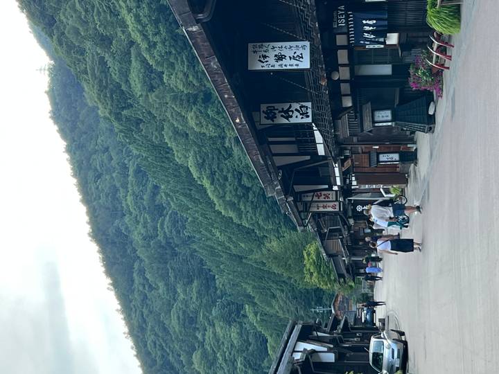 Quiet rural Japanese street lined with dark-wood Edo buildings and forested hills rising behind.