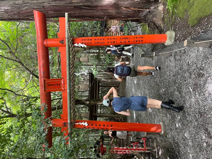 Visitors walk beneath a bright red torii gate at a forest shrine entrance.