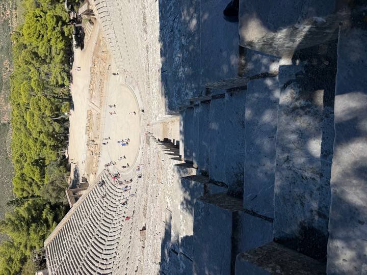Stone tiers of the ancient theater of Epidaurus descending toward the circular stage surrounded by pine trees.