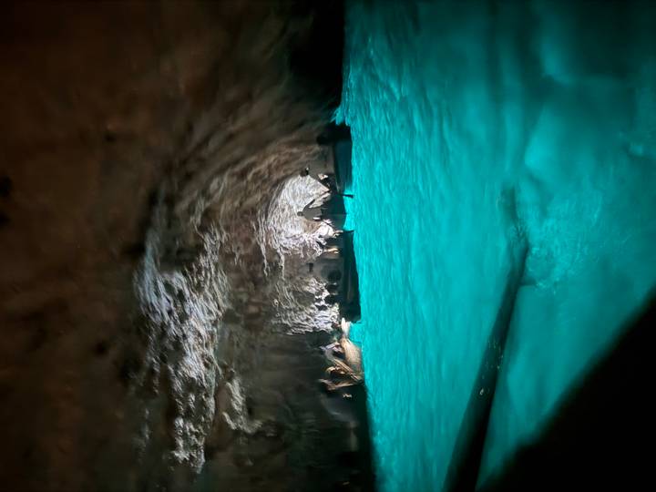 Dimly lit Blue Grotto interior where rowboats glide across glowing turquoise water.