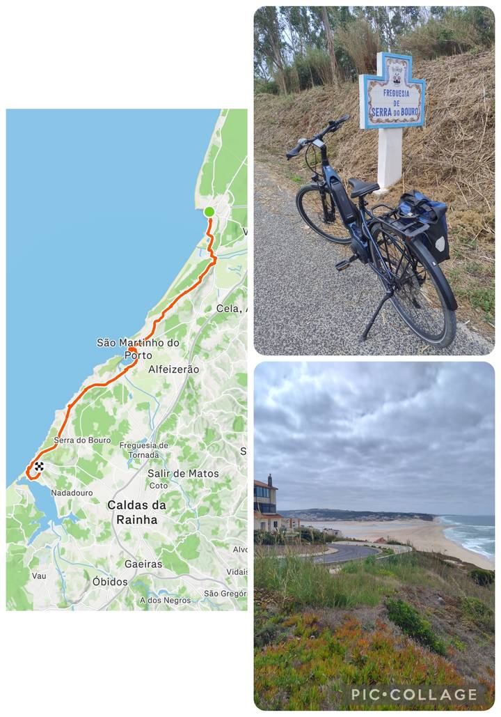 Collage with cycling route map, bicycle close-up and cloudy coastal view