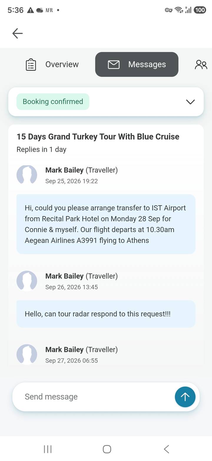 Another screenshot of a messaging interface discussing airport transfer details.