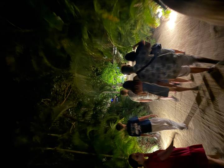 Group of tourists walking along a sandy jungle path at night surrounded by dense greenery.