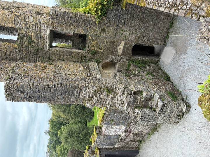 Weathered stone castle ruins with moss and vegetation on a cloudy day.