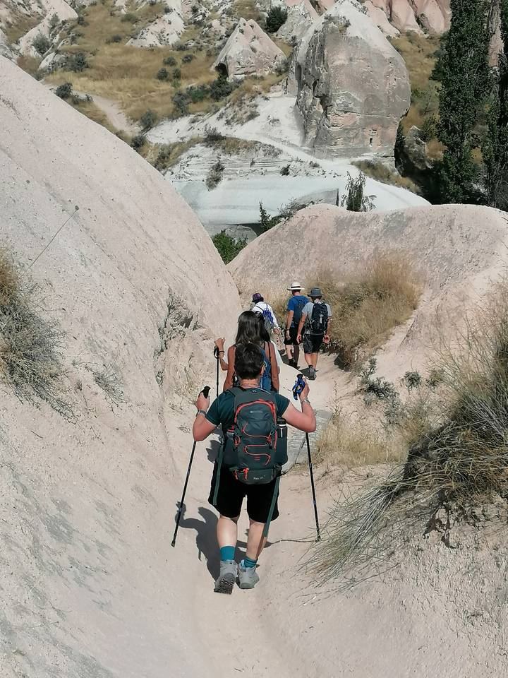 Group of walkers with trekking poles navigate a sandy valley path between pale cliffs.