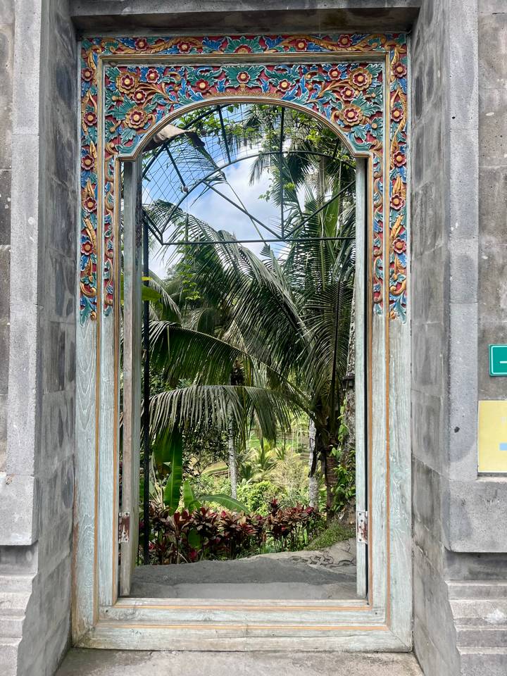 Decorative doorway painted with floral motifs opening to tropical palms outside.