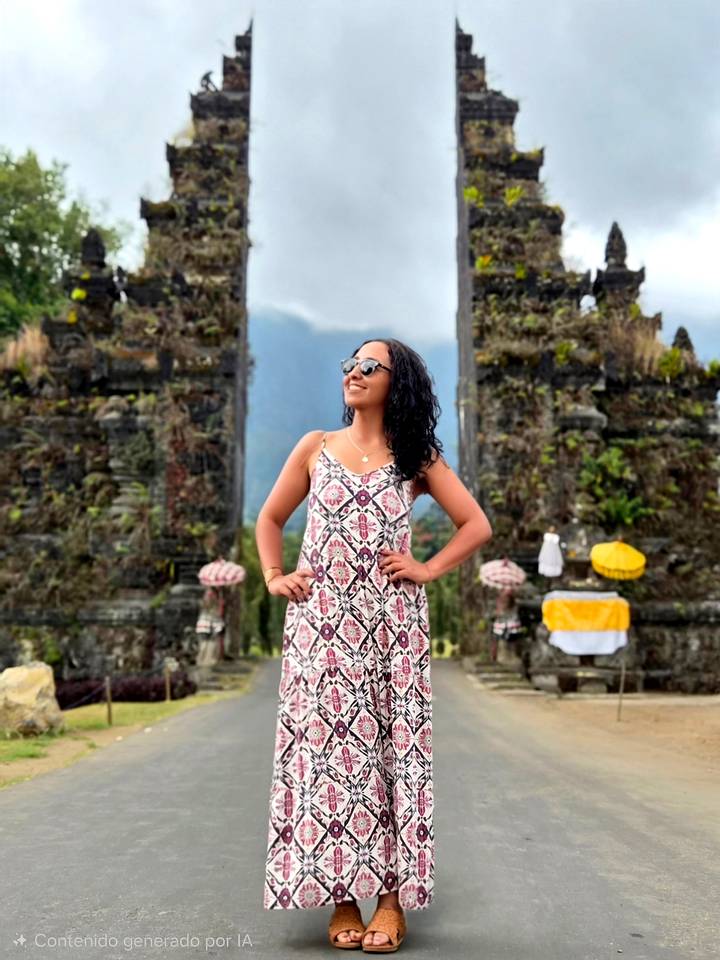 Smiling woman in sundress posing between the iconic split stone gates with misty mountains behind.