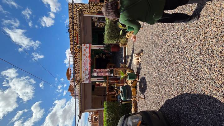 Entrance of a craft store and café with mosaic stone façade and clear blue sky above.