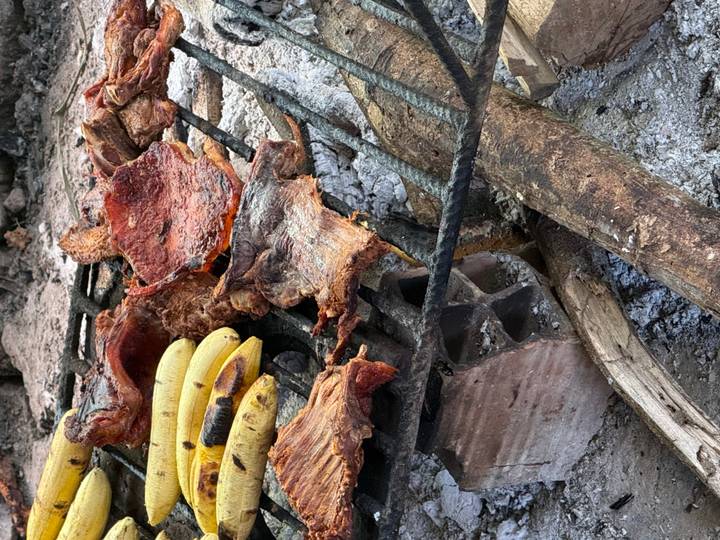 Rustic grill with meat cuts and bananas cooking over wood fire in jungle campsite.