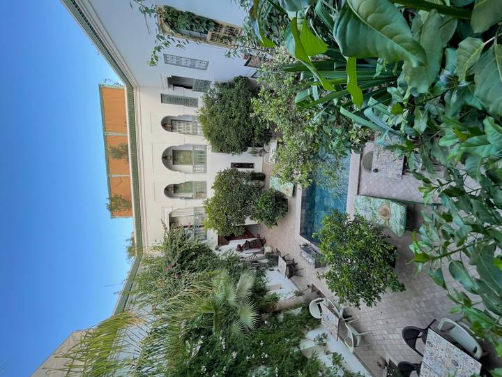 Serene courtyard of a Moroccan riad with lush plants, small central pool and arched balconies.