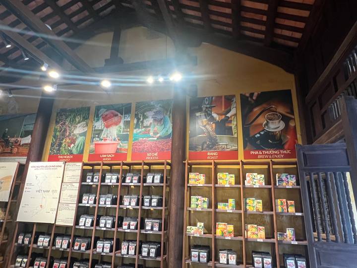 Indoor shot of a retail display with coffee product posters and shelves of packaged goods.