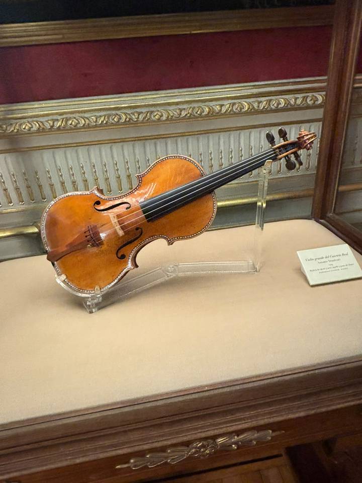 Antique violin displayed in a glass case inside a historic palace museum.