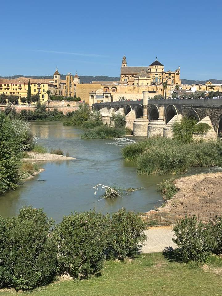 Roman bridge spanning a calm river with Córdoba’s historic buildings in the background.