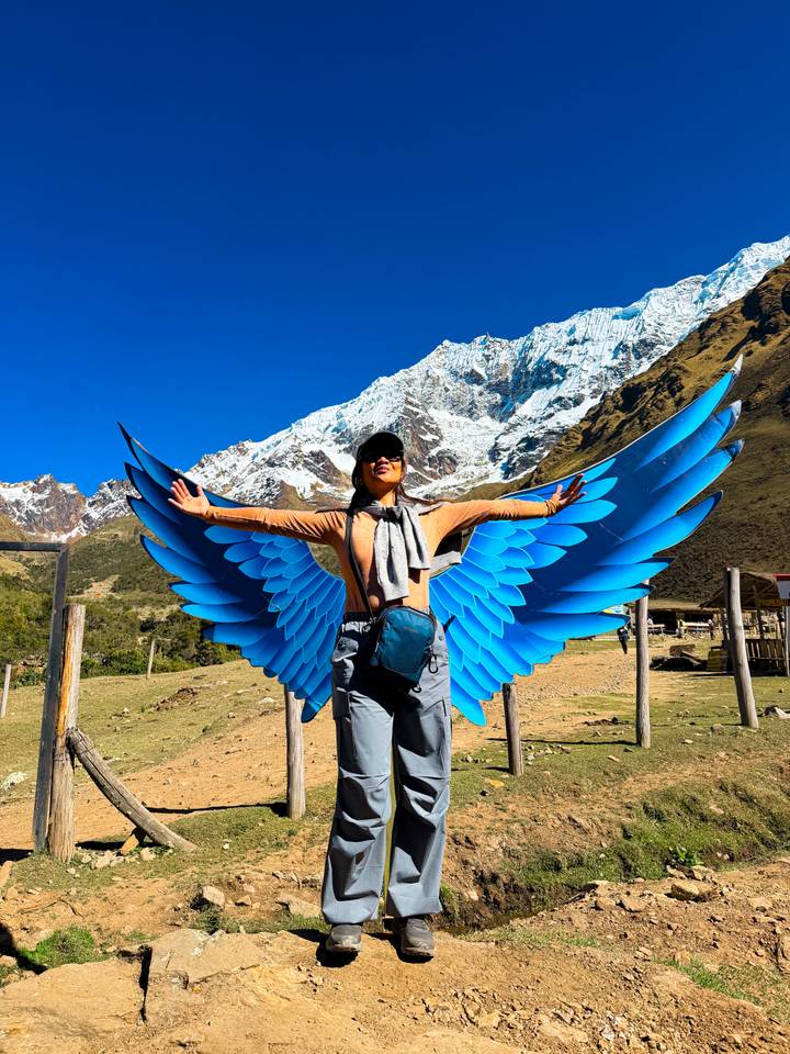 Woman spreads vibrant blue angel wings cut-out with snowy Andean massif towering behind.