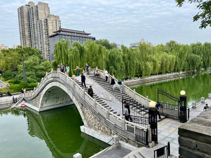 Stone arched footbridge over a calm green canal in an urban park with willow trees and high-rise buildings nearby.