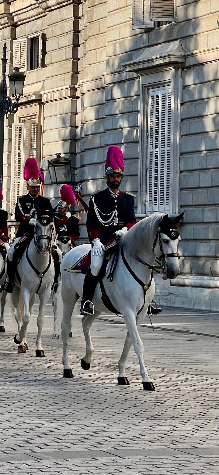 Mounted ceremonial guards in ornate uniforms ride white horses along a palace façade.