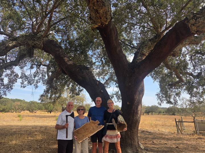 Group posing beneath a large cork oak tree in a dry rural landscape.