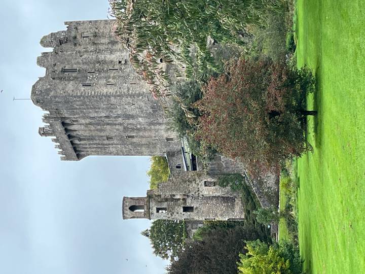 Iconic stone walls and towers of Blarney Castle rise above lush green lawns and trees.